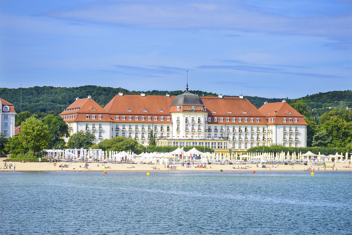 Zoppot/Sopot - Blick auf das Grand Hotel vom Groen Seesteg (Polo auf Polnisch). Aufnahme: 15. August 2019.