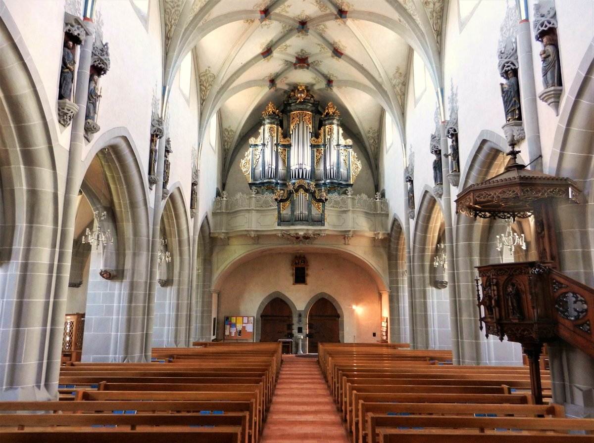 Zug, katholische Kirche St. Oswald. Innenansicht in Richtung Orgelempore - 21.09.2012