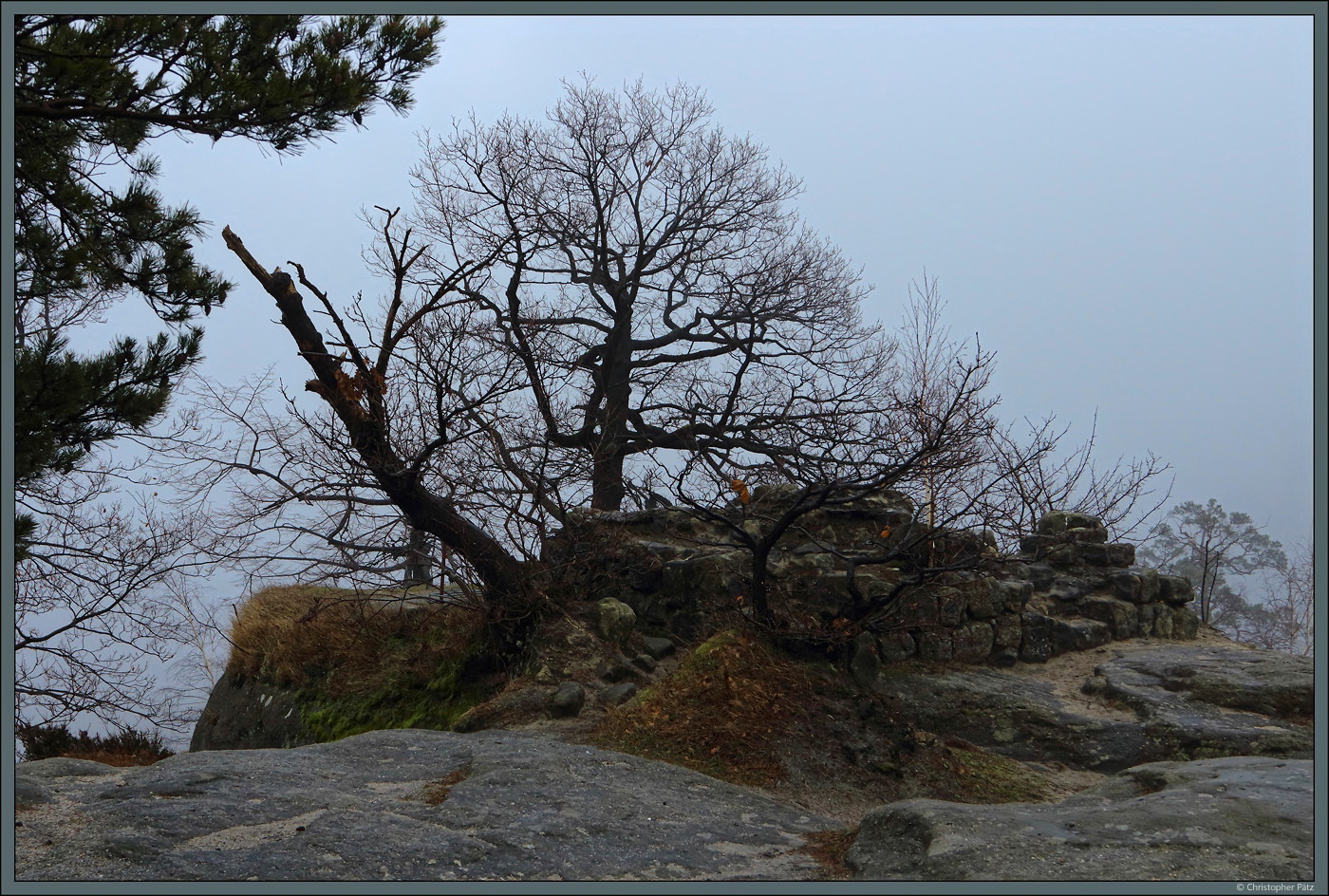 Auf dem Winterstein wurde im 13. Jahrhundert eine Burg errichtet, von der nur noch wenige Reste erhalten sind. Zu sehen ist das Fundament eines Wohnturmes, unter dem sich noch ein in den Fels gehauener Keller befindet. Die Burgruine gilt als lteste ihrer Art in der hinteren Schsischen Schweiz und ist auch als Hinteres Raubschloss bekannt, obwohl sie wahrscheinlich nie als Raubritterburg diente. (bei Hinterhermsdorf, 12.02.2023)