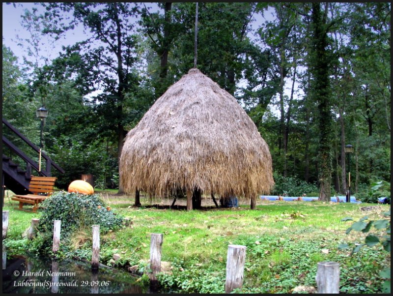 Allerorten im Spreewald zu betrachten, die typischen Heuschober auf ihrem Stnder.