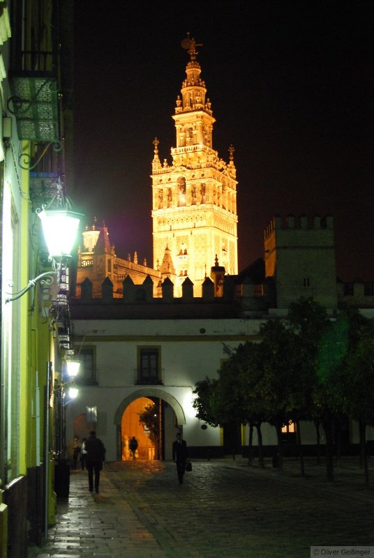 Andalusische Nacht (VI). Alcazar in Sevilla von auen und Giralda. Die beiden Farben beien sich. November 2007.