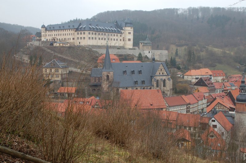 Aussicht auf das Schloss und die Kirche von Stolberg, dem Geburtsort von Thomas Mntzer. 20.02.2007.