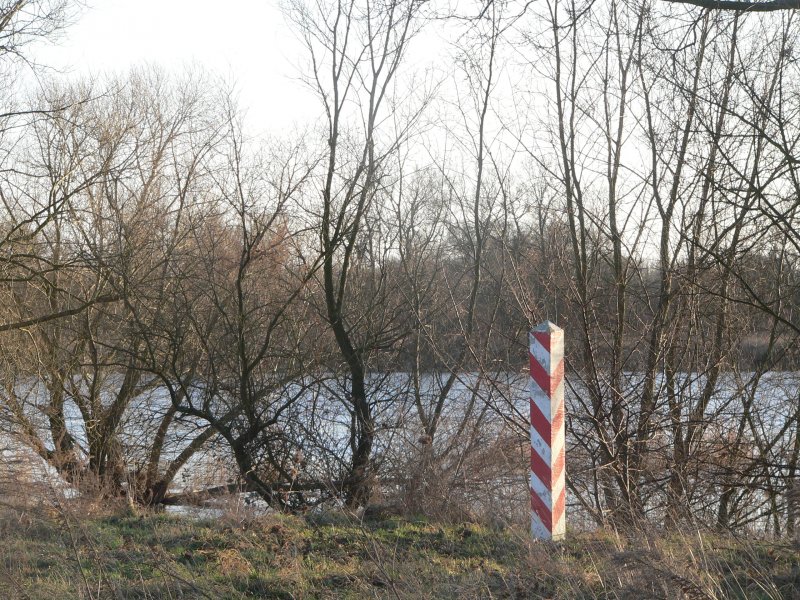 Blick auf die Oder. Ein einsamer Grenzstein weist hier auf die in der Mitte der Oder verlaufende Grenzlinie hin. Eine tolle Natur, schne ruhige Wanderwege und viel Geschichte, das macht die Kstriner Region sehr interessant. Auf der anderen Seite verluft auch der 630 km lange Oder-Neie-Radweg. 3.2.2007