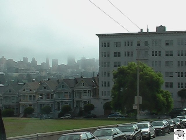 Blick aus den fahrenden Bus heraus ber die am linken Bildrand zu sehenden berhmten victorianischen Huser in Richtung Towndown. Leider lag an diesen Morgen noch etwas Kstennebel ber der Stadt. 
Die Aufnahme entstand am 26. Juli 2006 aus den fahrenden Bus. Daher bitte ich die schlechte Qualitt zu entschuldigen.