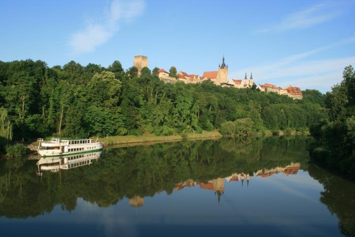 Blick ber die Neckar zum Burgviertel und der Altstadt. Die Silhouette wird geprgt vom Roten Turm, Blauen Turm und der Stadtkirche; 26.06.2008