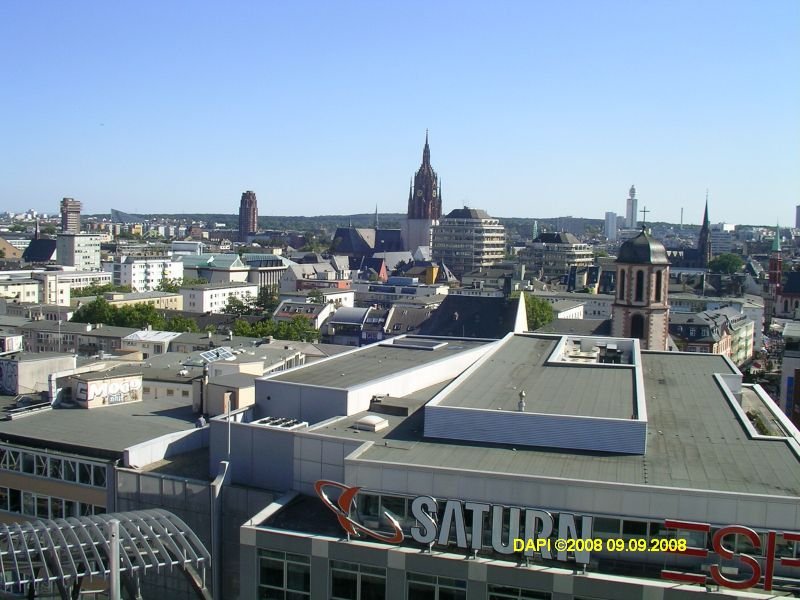Blick von der Zeilgalerie in Richtung Frankfurt Sachsenhausen. Im Hintergrund erkennt man das Main-Plaza, den Kaiserdom und den Henninger-Turm.