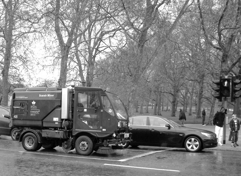 Da auch die prchtigen Royal-Pferde Ihrer Majestt natrlich hin und wieder  hinten was fallen lassen, fhrt in gebhrendem Abstand der Kniglichen Garde ein kleiner Kniglicher Wagen um den edlen Mist wieder aufzusammeln...
(April 2008)
