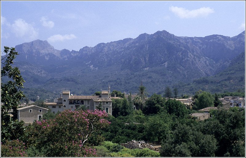 Der nrdliche Teil der Insel Mallorca ist sehr gebirgig. Die hchsten Berge der Sierra de Tramuntana sind ber 1400 m hoch. Sller liegt mitten in diesen Bergen. Der Berg ganz links drfte der 1447 m hohe Puig Major sein. Scan vom Dia, 2005 (Matthias)