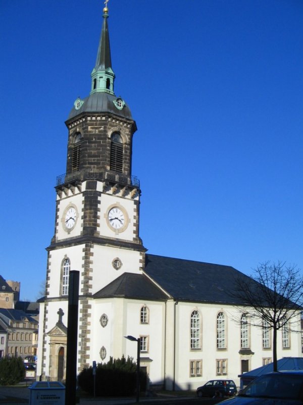 Die Kirche in Frauenstein, 18.02.07 Sie wurde  Bei dem Stadtbrande am 3.Oct. 1869 bis auf die Umfassung eingeschert  Steht auf einer Steintafel an der Rckseite.