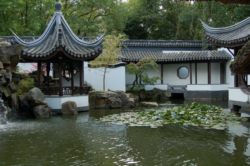 Ein Rundweg fhrt durch einige Hallen um einen Teich. In dem Pavillion laden Bnke den Besucher zum ruhigen Verweilen und Betrachten des Chinesischen Gartens ein.