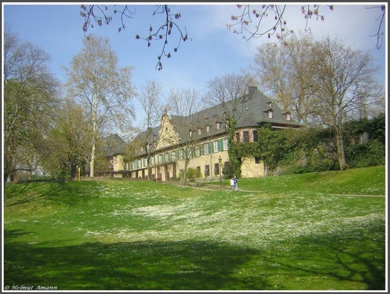 Frankfurt am Main-Hchst, Blick aus dem Brningpark auf das Hchster Schloss. Das Gebude im Bild entstand als Anbau im 19. Jahrhundert und wird seitdem als Neues Schloss bezeichnet, das sich baulich vom 1568 im Baustil der Renaissance erbauten Alten Schloss abhebt. Im Jahre 1908 erwarb die Familie Adolf von Brnings, einer der Grnder der Farbwerke Hchst, den verfallenden Gebudekomplex, lie ihn renovieren und ffnete den Park fr die ffentlichkeit.