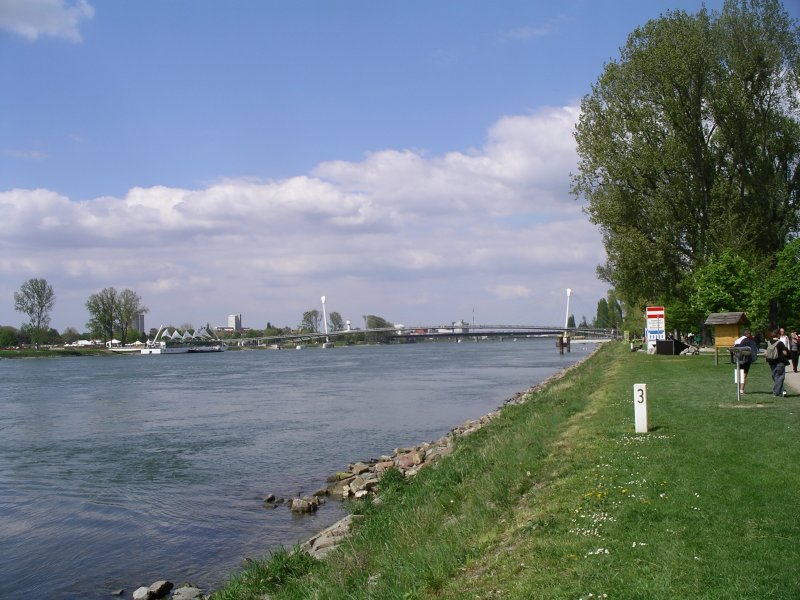 Fugngerbrcke  Passarelle des deux rives  (nach dem Architekten inoffiziell auch Mimram-Brcke genannt) ber den Rhein zwischen Kehl und Straburg. Im Hintergrund die Europabrcke (Straenbrcke) und dahinter die Eisenbahnbrcke.

25.04.2004 Kehl
