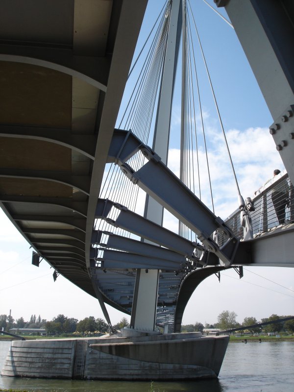 Fugngerbrcke ber den Rhein zwischen Kehl und Strabourg,
die Schrgseilbrcke wurde 2004 eingeweiht,
Hauptspannweite betrgt 177m,
2008