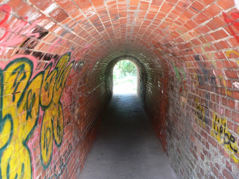 Fugngertunnel unter einer stillgelegten Bahnstrecke in Frankfurt (Oder). Vom Mhlenweg aus kommt man hier zu Fu zum Buschmhlenweg. Ein paar Meter weiter ist eine Brcke, von der aus man die Zge in Richtung Cottbus und Rzepin beobachten kann. 21.7.2007