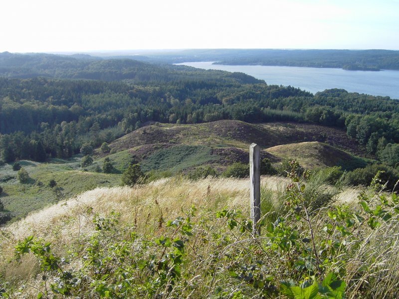 Himmelbjerget ist ein Aussichtspunkt bei der Stadt Ry. Die Landschaft um die Stadt besteht aus vielen Hgeln und Seen die miteinander verbunden sind. Hier ist der Juls zu erkennen. Schn sind hier die bergnge von der Gras-Busch-Formation zu den Dnen und von den Dnen zum dichten Wald
