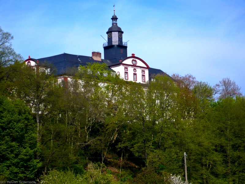 Hoch ber dem Saaleufer thront das Saalfelder Stadtschloss. In direkter Nachbarschaft befindet sich der idyllische Schlosspark mit Blick auf die Saale. In diesem Barockschloss ist heute das Landratsamt untergebracht. (Frhjahr 2008)