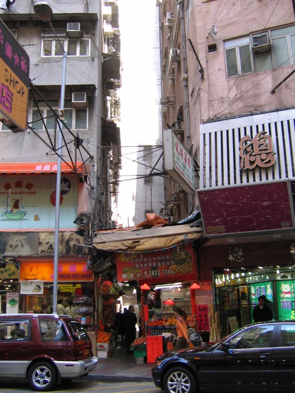 Hong Kong : Ein Fruchstand mit Obst und Sften passt auch noch in den Durchgang zwischen den tristen Huserblocks. Welch ein farbiger Kontrast in der Nhe der Causeway Bay! 