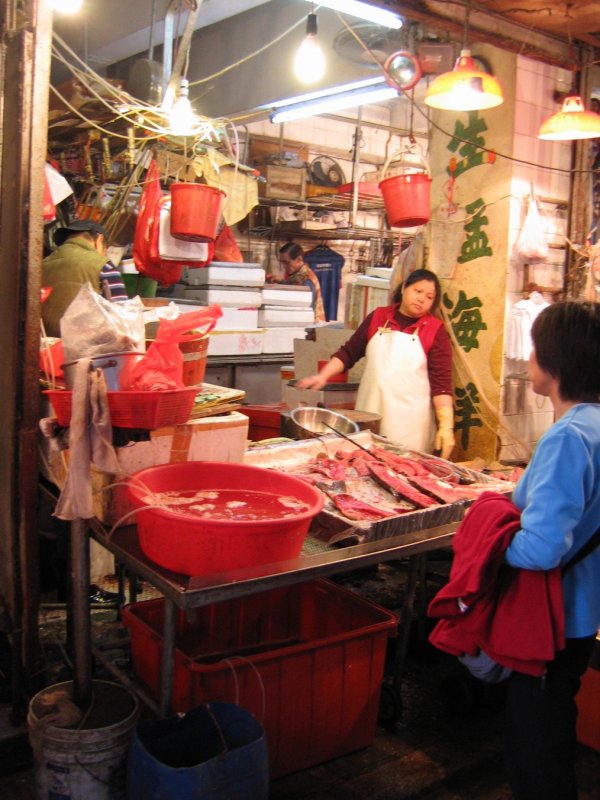 Hong Kong - Szenen auf einem Strassenmarkt zwischen Hopewell Center und Hennessy Rd. Die Frau in der blauen Bluse hat sich heute fr frischen Fisch entschieden. Welchen sie wohl nehmen wird? Die Fischhndlerin bietet ein leckeres Filet an.
Deutsche Ordnungsmter bitte weggucken!