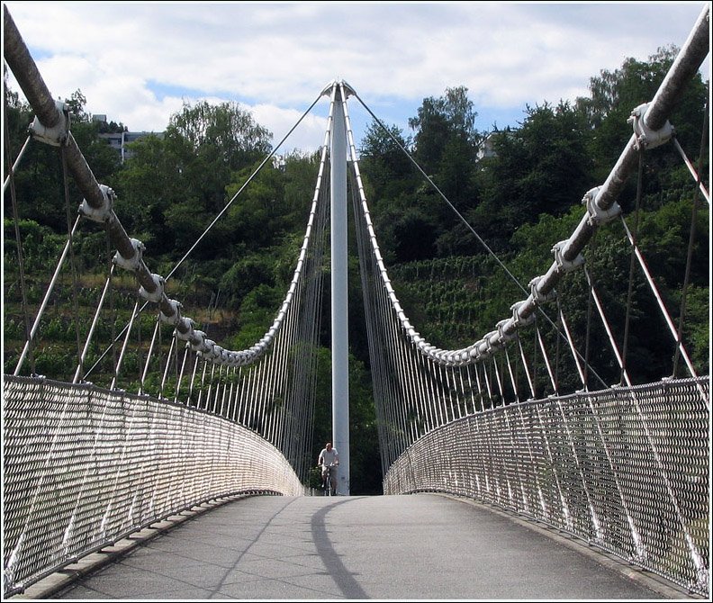 In Stuttgart gibt es keine markante Flubrcke, wie etwa in Kln, doch dafr gibt es ein ganze Reihe wunderschner filigraner Fugngerbrcken. Diese hier fhrt in der Nhe des Max-Eyth-Sees ber den Neckar und verbindet die Wohnsiedlung Freiberg mit dem Erholungsbebiet um den See. 3.7.2005 (Matthias)