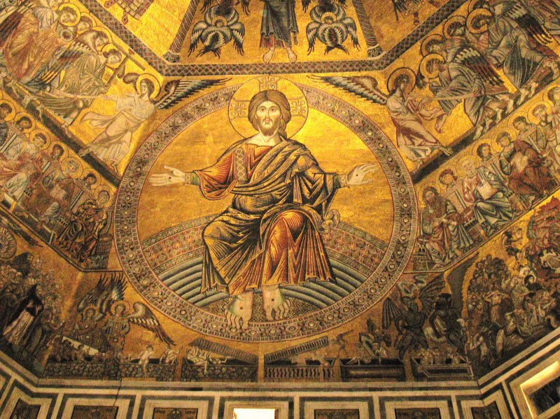 Innenaufnahme der Kuppel des Baptisterium San Giovanni.
Die goldenen Mosaikbilder stellen Geschichten aus der Bibel dar.
Das Baptisterium ist eines der ltesten Gotteshuser der Stadt Florenz.(erbaut 1059-1150)
(14.11.2007)