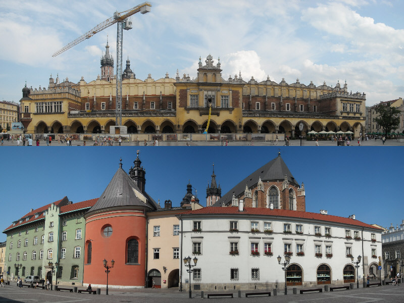 Krakow 08.2009. Sukiennice i Maly Rynek / Der Hauptmarkt mit der Tuchhalle (oben) und Der kleine Marktplatz ( unten)