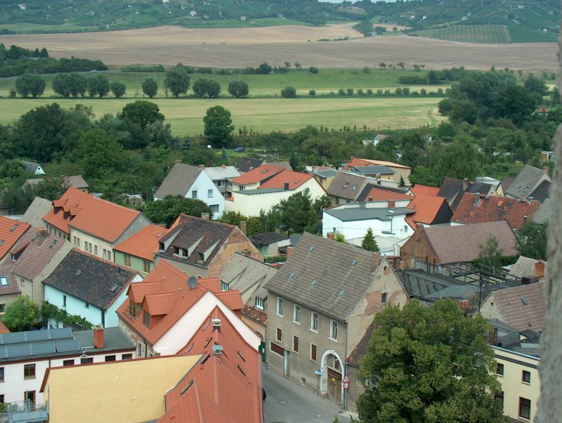 Laucha an der Unstrut - Blick vom Kirchturm Richtung Herrenstrae und Unstrutwiesen - 11.08.2004