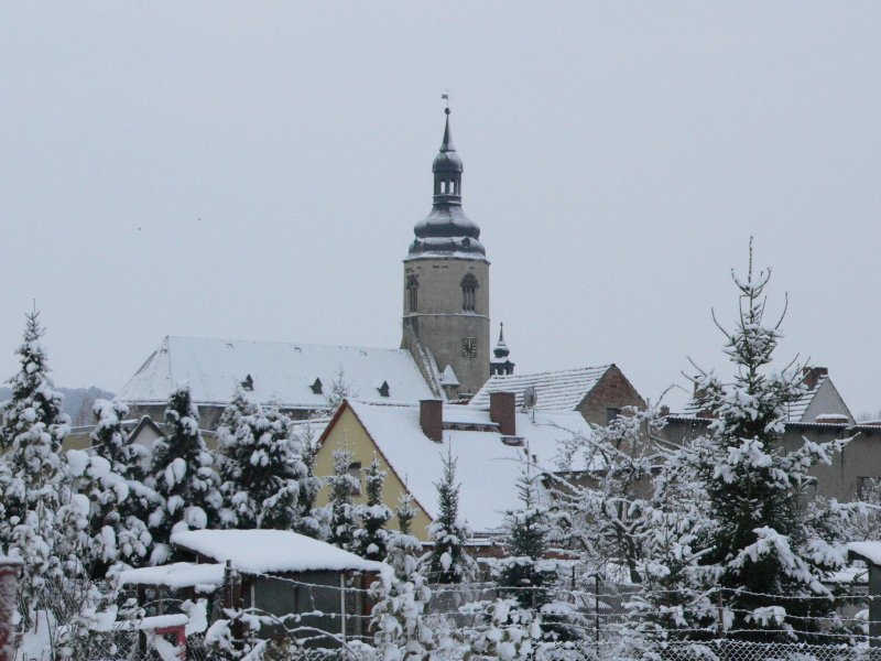 Laucha winterlich - 25.11.2008 - Blick ber die Huser der Unterstadt zur Kirche