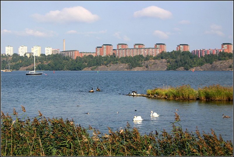 Liding: Blick vom Ladugrdsgrdet ber das Wasser hinber nach Liding. Solche Wohnblocks sind typisch fr den Wohnungsbau im Groraum Stockholm in der zweiten Hlfte des letzten Jahrhunderts. 23.8.2007 (Matthias)