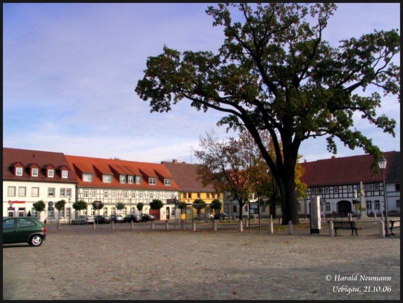 Mittelpunkt einer Stadt mit historischem Stadtkern ist natrlich ein schner historischer Marktplatz. Das einmalige Lesesteinpflaster gibt dem Platz seinen Charakter. Uebigau, 21.10.06.