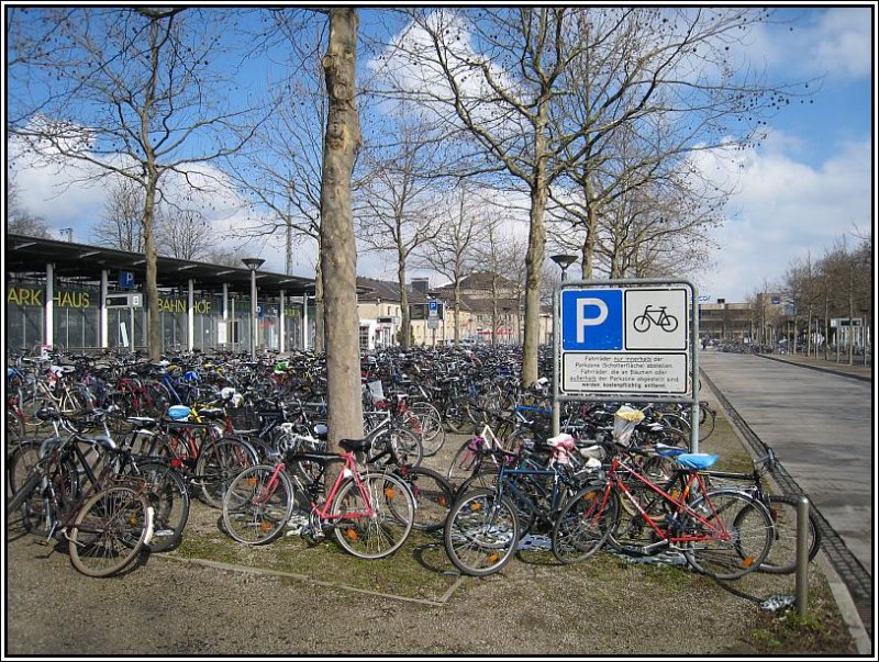 Rings um den Gttinger Bahn- und Busbahnhof sind nahezu alle freien Flchen, vor allem rings um die Bume, mit Fahrrdern zugestellt. Die hier gezeigte Flche ist sogar regulr als Fahrrad-Parkplatz deklariert. Auf dem Schild wird angedroht, alle Fahrrder kostenpflichtig zu entfernen, die an Bumen oder auerhalb der Parkzonen abgestellt werden. (23.03.2008)