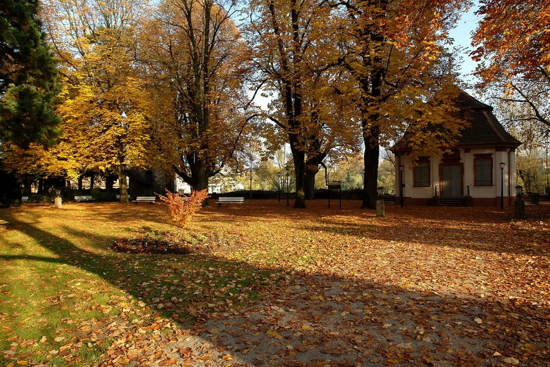 Schloßpark - Der erste Samstag im November und noch leuchten die bunten Herbstfarben um die Wette. Das Teehäuschen hält aber schon Winterschlaf. 3.11.2007