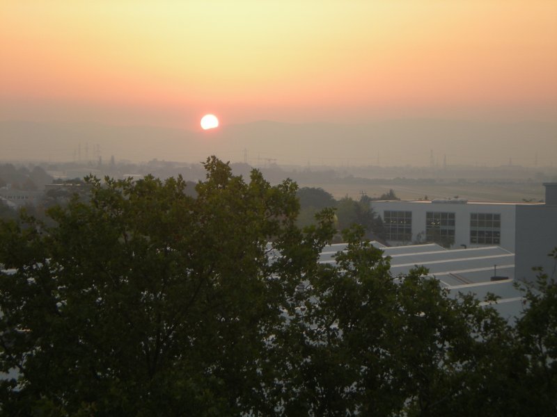 Sonnenaufgang ber Mannheim am 24.09.2007. Blick aus dem IBM-Hochhaus Richtung Odenwald. Zu erkennen ist auch die Start-/Landebahn des  City-Airport . 