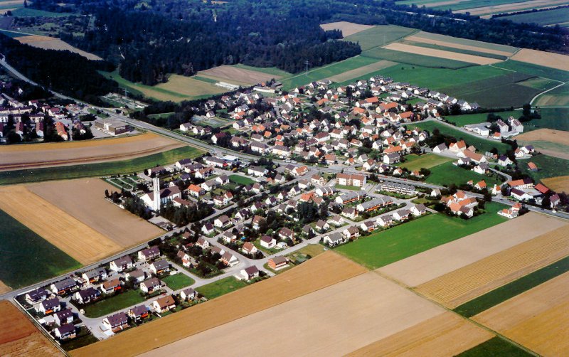 Stettenhofen PLZ 86462, Raum Wertingen, Luftaufnahme vom Sommer 1986