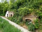 Typische Kellergasse mit teils verfallenen Erdkellern zur Weinlagerung entlang eines Wanderweges in Bad-Pirawarth; 260514