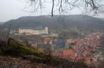 Aussicht auf das Schloss und die Kirche von Stolberg, gesehen ab dem Platz am Lutherbuche, der Platz wo Luther 1525 die Stadt Stolberg mit einem Vogel verglich.