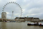 Blick auf das Sdufer der Themse auf das London Eye oder Millennium Wheel genannte Riesenrad und die County Hall in London.
