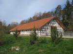 Freilichtmuseum Neuhausen ob Eck,  1881 erbauter Sommerschafstall aus dem Zollernalbkreis,  dient jetzt im Museum als Veranstaltungsraum,  April 2010