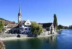 Stein am Rhein, Blick von der Rheinbr�cke auf das ehemalige Benediktinerkloster St.Georgen, um 1007 entstanden, heute Museum, dahinter die Stadtkirche, Sept.2026