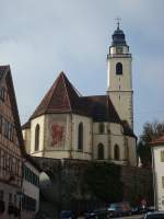 Horb am Neckar, die Stiftskirche  Zum Heiligkreuz , nach dem Stadtbrand 1728-55 im Barockstil aufgebaut, 1806 wurde der Chorherrenstift aufgelst, heute katholische Pfarrkirche, Okt.2010