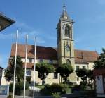 Pfullendorf, die katholische Stadtpfarrkirche St.Jakob, 1480-81 als gotische Pfeilerbasilika erbaut, 1750 barockisiert, Aug.2012