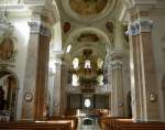 Fssen, Blick in den Kirchenraum von St.Mang, die barocke Umgestaltung der Klosterkirche erfolgte von 1701-17, April 2014