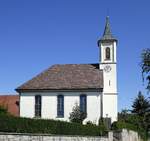 Gallenweiler im Markgrflerland, die evangelische Kirche von 1793, der Turmbau stammt aus den Jahren 1863-66, Aug.2019