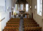 Niedereggenen, evangelische Kirche, Blick von der Orgelempore auf die wertvollen Fresken im Langhaus und im Chorraum, Okt.2019