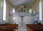 Hugsweier, Blick zum Altar und zur Chororgel in der evangelischen Kirche, April 2020