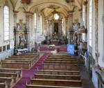 Niederschopfheim, Blick von der Orgelempore zum Altar in der Kirche St.Brigitta, Juni 2020