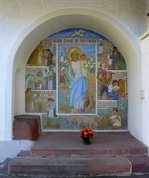Neunkirch, Wandbild an der Muttergotteskirche zeigt die Geschichte der Wallfahrt seit Beginn 1290, Sept.2016