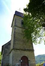 Vaufrey, Westseite der Kirche mit Glockenturm, Mai 2017
