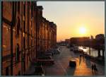 Sonnenuntergang in der Speicherstadt in Hamburg.