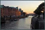 Die Speicherstadt in Hamburg in der Abenddmmerung.