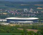 Teleblick von der Burg Steinsberg bei Weiler auf die Rhein-Neckar-Arena bei Sinsheim, Heimstadion der TSG Hoffenheim, 2009 erffnet mit ber 30.000 Sitzpltzen, April 2014